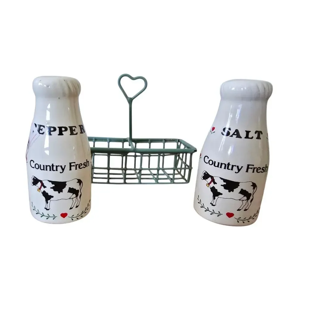 Country Fresh Milk Jug Salt & Pepper Shakers With Wire Basket See Desc